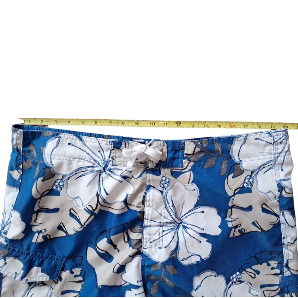 Joe Boxer Mens Swim Trunks Blue White Tropical Hibiscus Floral‎ Board Shorts L